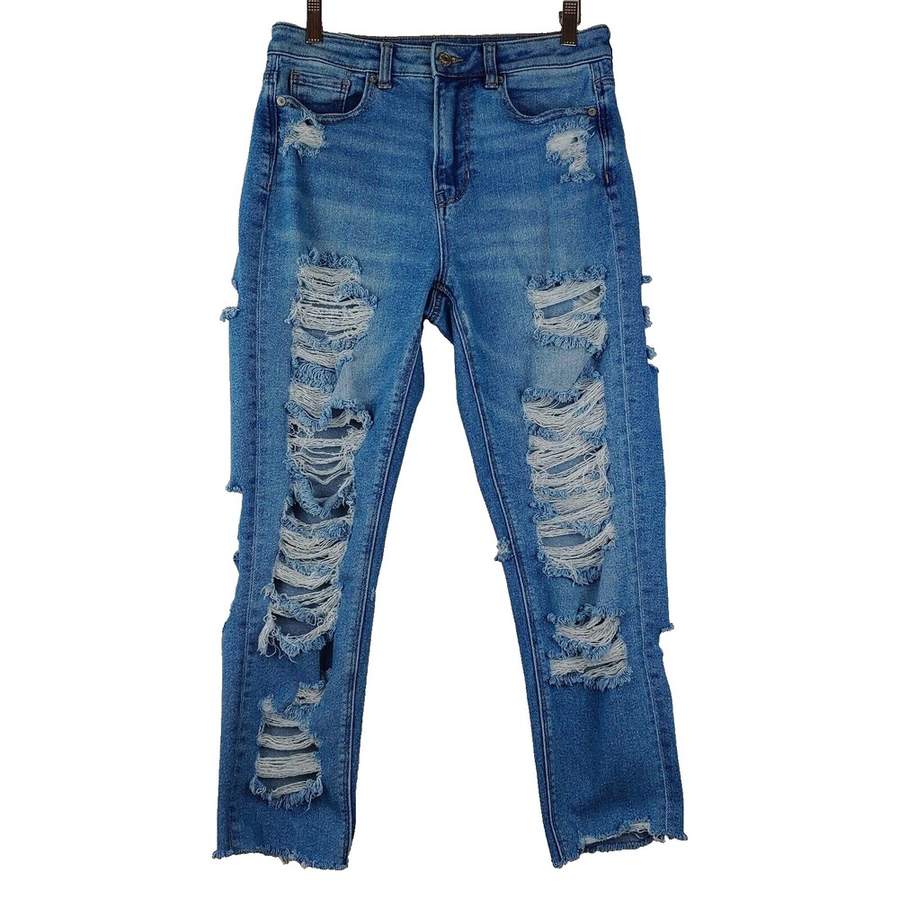 American Eagle Mom Jeans Womens 4 (29x25) Blue Crop Thrashed Stretch Denim